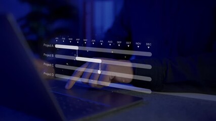 Milestone, Progress planning, Schedule proceeding for summary reports. A person tracks construction with Gantt chart schedules. Update operation plans, depicting project timelines across months.