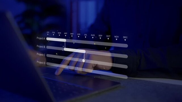 Milestone, Progress planning, Schedule proceeding for summary reports. A person tracks construction with Gantt chart schedules. Update operation plans, depicting project timelines across months.
