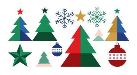 Festive Christmas decorations featuring trees stars snowflakes and ornaments.