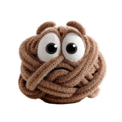 A funny sad brown yarn ball character with big googly eyes and a worried expression against a black background