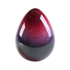 A single smooth glossy egg shaped object with a gradient of deep red to dark purple and shimmering glitter against a stark black background