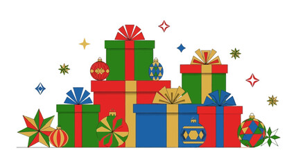 Vibrant Stack of Holiday Gift Boxes and Ornaments.