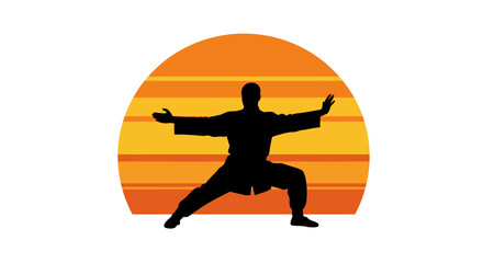 Silhouette of a person practicing martial arts in a wide stance against a vibrant orange sunset circle with horizontal lines symbolizing tranquility and discipline isolated on white background