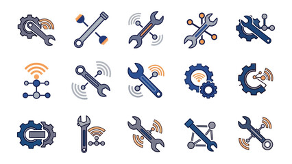 Fototapeta premium Set Of Engineering And Maintenance Icons Featuring Gears, Wrenches, Tools, And Wireless Signals