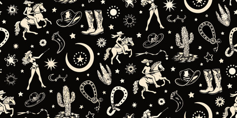 Whimsical western cowboy and cowgirl pattern with horses cacti and stars on black background