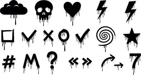 Graffiti style icons set cloud skull heart lightning bolt swirl star question mark symbols vector