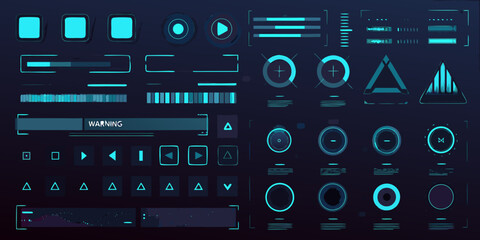 Futuristic digital interface elements with glowing cyan lines on a dark background © Mityunjoy
