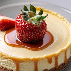 Caramel Drizzle Cheesecake with Fresh Strawberry 
Decadent Cheesecake Topped with Caramel and a Single Strawberry (67 characters)
Golden Cheesecake Perfection strawberry