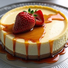 Caramel Drizzle Cheesecake with Fresh Strawberry 
Decadent Cheesecake Topped with Caramel and a Single Strawberry 
Golden Cheesecake Perfection strawberry