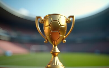 Close-up of a golden trophy shaped like a ball, set against the blurred backdrop of a stadium. The image conveys achievement, victory, and celebration in a competitive sports environment.