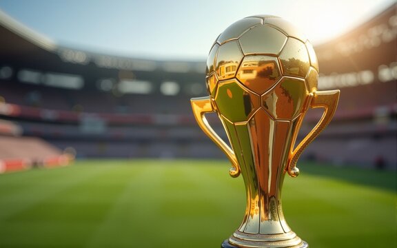 Close-up of a golden trophy shaped like a ball, set against the blurred backdrop of a stadium. The image conveys achievement, victory, and celebration in a competitive sports environment.