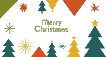 Merry Christmas Greeting with Retro Geometric Trees and Stars.