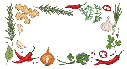 An assortment of fresh culinary herbs and spices arranged in a border.