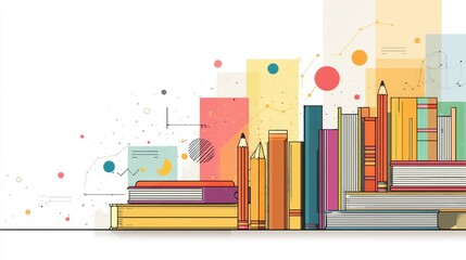 Colorful Abstract Book Stack and Pencil Illustration: Education, Growth, and Knowledge Concept