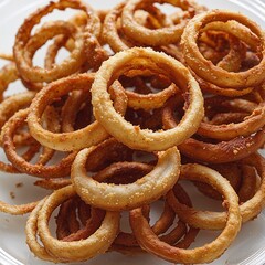 "A Golden Symphony of Crunch and Flavor: A Tower of Perfectly Fried Onion Rings, Each Crisp Circle Glowing with a Tempting Blend of Texture and Warmth, Inviting the Senses to Indulge in the Irresistib