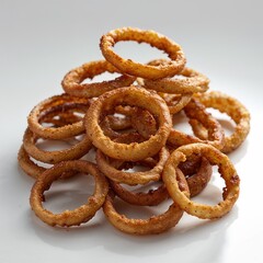 "A Golden Symphony of Crunch and Flavor: A Tower of Perfectly Fried Onion Rings, Each Crisp Circle Glowing with a Tempting Blend of Texture and Warmth, Inviting the Senses to Indulge in the Irresistib