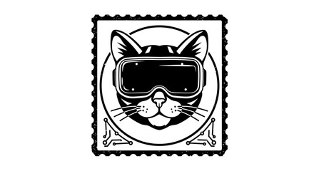 Stylized cat wearing futuristic vr goggles as a digital art postage stamp emblem in a retro stamp frame isolated on white background © MD