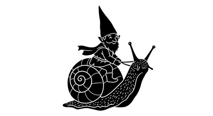 Whimsical garden gnome riding a snail silhouette fantasy creature illustration for enchanting designs isolated on white background © MD