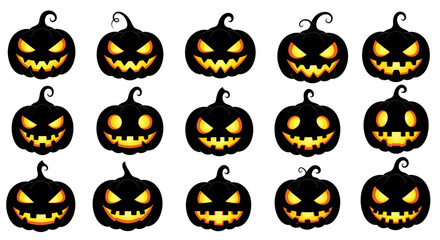 Spooky halloween jack-o-lantern faces collection diverse scary expressions glowing orange light festive autumn holiday icons set isolated on white background