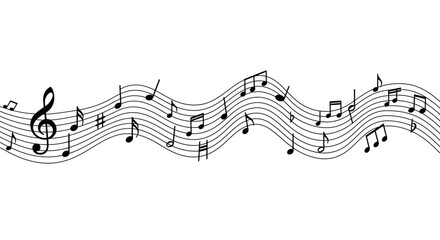 Flowing musical score with treble clef and notes on symbolizing melody and harmony isolated on white background