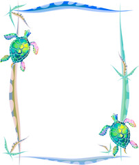 Frame or background with cute turtles and algae. Watercolor style for vintage designs. Vector.