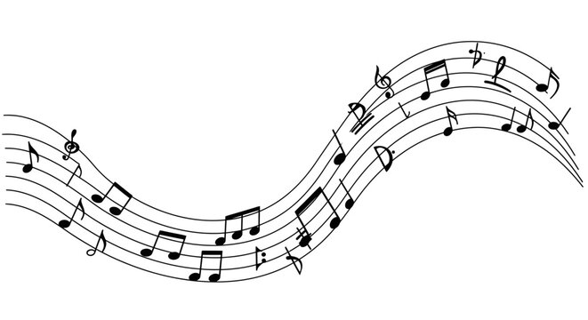 Elegant musical notation flowing wave pattern of sheet music notes and symbols creating a melodic compositional design isolated on white background