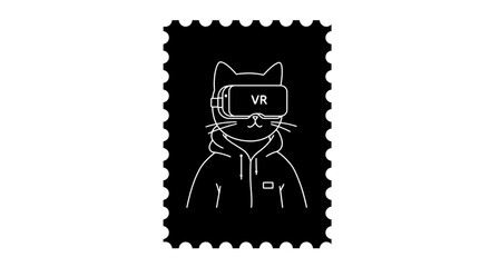 Creative stamp design featuring a cool cat wearing vr goggles and hoodie futuristic digital art style abstract stamp artwork isolated on white background