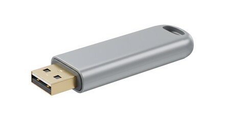 A silver USB drive with a gold connector protrudes from its casing A hole is visible at the opposite end