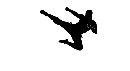 Dynamic silhouette of a martial artist performing a high kick in mid-air isolated on white background