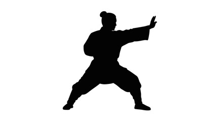 Martial arts silhouette warrior dynamic pose ready for combat training and zen meditation peaceful warrior athlete isolated on white background