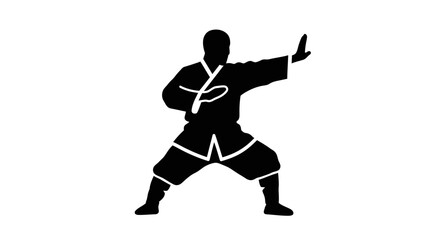 Martial arts master demonstrates kung fu stance silhouette dynamic action pose warrior monk fighting spirit powerful movement training discipline isolated on white background