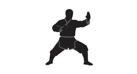 Martial arts silhouette of a karate fighter in a dynamic stance ready for combat or training in a studio setting isolated on white background