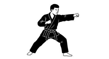 Martial arts karate black belt warrior performing punching technique in dynamic stance ready for combat training isolated on white background