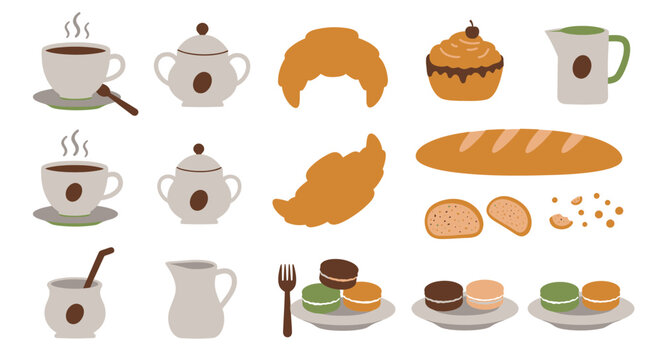 Delicious bakery assortment including croissants muffins bread coffee tea sugar bowl creamer and pastries isolated for culinary design isolated on white background