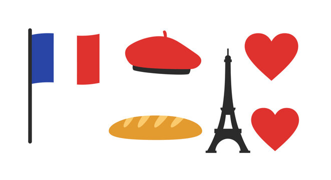 Iconic french symbols collection featuring eiffel tower flag baguette beret and hearts for parisian travel and culture representation isolated on white background