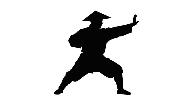 Silhouette of a martial artist in traditional attire performing a defensive stance ready for combat action a powerful silhouette of focused energy isolated on white background