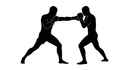 Silhouette of two boxers sparring in a dynamic fight pose showing intense combat and athleticism in a sporting contest isolated on white background