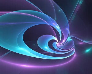 Abstract swirling fractal art with luminous turquoise and violet waves creating a dynamic cosmic energy flow with ethereal light effects