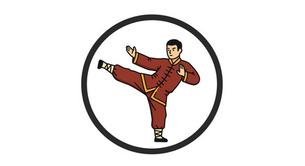 Martial arts fighter performing high kick inside circular emblem symbolizing discipline strength and skill isolated on white background