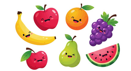 Cheerful Cartoon Fruits: Banana Apples Orange Grapes Pear and Watermelon.