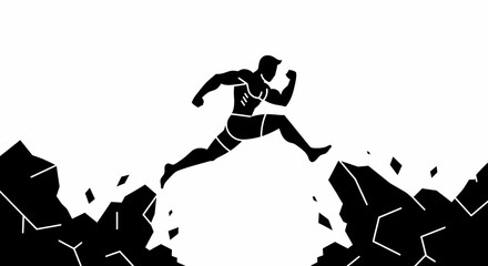 Dynamic silhouette athlete leaps over chasm symbolizing overcoming challenges determination and achievement isolated on white background