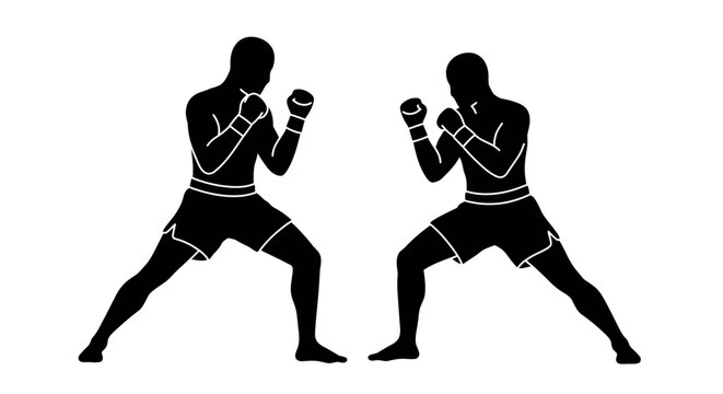 Two silhouetted boxers in fighting stance ready for combat dynamic martial arts sports action representing strength determination and competition isolated on white background