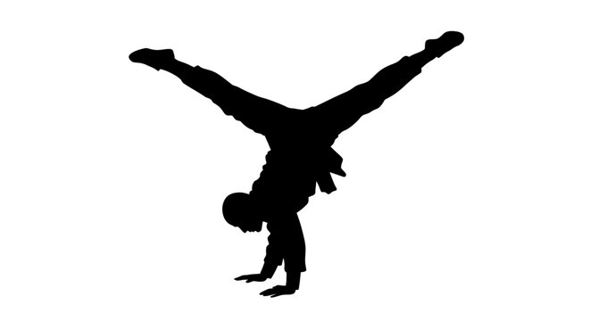 Dynamic silhouette of a breakdancer performing a handstand with legs split wide in a dynamic pose for sports and dance concepts isolated on white background