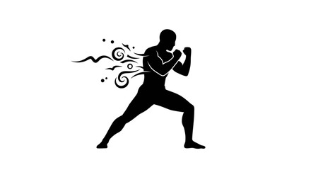 Dynamic silhouette of a boxer in action with abstract swirling energy emanating from the back symbolizing power and motion isolated on white background