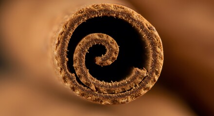 A macro shot presents a cinnamon stick end its layers rolled into a tight dark spiral