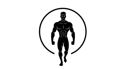 Strong muscular man silhouette walking forward inside a circle emblem representing fitness strength health and determination isolated on white background