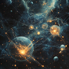 Cosmic Spheres and Energy Networks, Cosmic Energy Spheres, Interconnected Cosmic Network, Galaxies in Motion, Digital Universe Web, Starry Network of Light, Celestial Connections, Energy Spheres in Sp