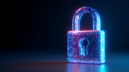 Cybersecurity: Glowing Particle Padlock, Digital Security Concept, Abstract Neon Blue