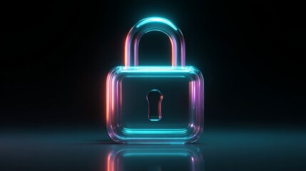 Neon Glass Padlock: Cyber Security, Digital Privacy, Futuristic Technology, Abstract Concept.