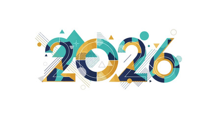 Vibrant geometric abstract design for the year 2026, featuring a modern composition of teal, yellow, and blue shapes perfect for future-oriented calendars, event invitations, and digital banners